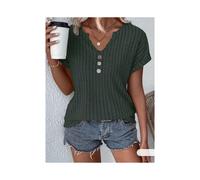 (Dark Green, M) Spring and summer new solid color ribbed tops V-neck button decoration elegant T-shirt for women