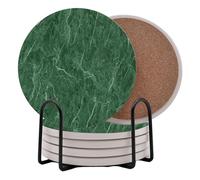 Dark Green Marble Round Coasters Set of 6 - Abosrbent Ceramic Coasters with Metal Stand for Drinks, Coffee, Non-Slip Cork Back for Tabletop Protection, 4 Inches Marbled Pattern (Green)