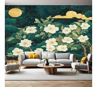 Dark Green Mural Wallpaper Watercolor Floral Tree and Moon Photo Wallpaper 3D Effect 200 x 140 cm Non-Woven Wall Mural Home Bedroom Living Room Tv Background Poster Decoration