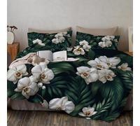 Dark Green Orchids Palm Leaves Supersoft Duvet Set - Microfibre with Zipper Closure - Stylish & Retro Botanical Illustrations Duvet Quilt Cover 135 x 200 cm + 1 Pillowcase Bed Set, Single