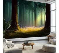 Dark Green Panoramic Custom Wallpaper Mural, Non-Woven Premium Mysterious Forest Flowers Print Wallpaper Mural Poster Decoration 59 x 41 inch (W x H) for Bedroom Living Room Corridor