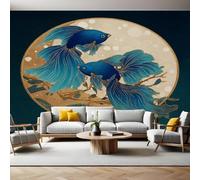 Dark Green Photo Wallpaper 3D Effect Two Blue Betta Fish Mural Wallpaper Non-Woven Wall Mural, 350 x 256 cm Large Murals Wall Decor for Bedroom, Living Room, Kids Room