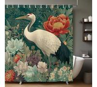 Dark Green Shower Curtain Flower Red-crowned Crane Waterproof Polyester Bath Curtain, Quick-Drying, Decorative Bathroom Curtain 180 x 180 cm for Bathtub & Wet Room