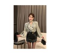 (Dark Green skirt, L) Women Spring Summer Simplicity Office Lady Lacing Solid Color V-neck Long Sleeve Shirts Ladies Fashion All-match Trend Tops