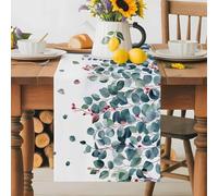 Dark Green Table Runner 13x90 Inches Long Eucalyptus Leaves and Fruit Cotton Linen Table Runner Burlap Style for Dinner Table Party Decor Tabletop Decorations