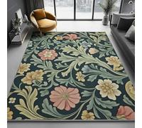 Dark Green Washable Area Rug 140 x 200 cm, Vintage Exquisite William Morris Flowers Printed Design Short Lint Non-Slip Backing Carpet For Living Room, Open-Plan Lounge Tea Rooms Country Estates Rug