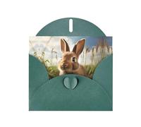 Dark Green WHJSHOP Bunny on Green Grass Prints Greeting Card - High-End Pearlescent Paper Double Sided Pearl Effect Love Buckle Pearl Paper Envelope