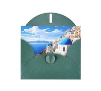 Dark Green WHJSHOP Santorini Greek Island sea View Prints Greeting Card - High-End Pearlescent Paper Double Sided Pearl Effect Love Buckle Pearl Paper Envelope