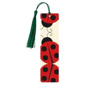 Dark Green Wooden Bookmark â€“ Double-Sided Cartoon Ladybug Full-Print Tassel Bookmark for Hardcover Books, Journals, Notebooks