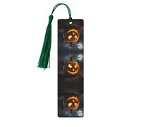 Dark Green Wooden Bookmark â€“ Double-Sided Halloween Pumpkin Full-Print Tassel Bookmark for Hardcover Books, Journals, Notebooks