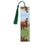 Dark Green Wooden Bookmark â€“ Double-Sided Horse in Front Flowering Trees Full-Print Tassel Bookmark for Hardcover Books, Journals, Notebooks
