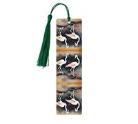 Dark Green Wooden Bookmark - Double-Sided Two Japanese Cranes Flying Traditional Painting Full-Print Tassel Bookmark for Hardcover Books, Journals, Notebooks