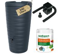 Water Butt Kit With Tap, Diverter And Bio Cleaner- 240L Plastic Rain Water Collector for Garden, Balcony or Terrace - H44 x D23 in (114.5x59.3cm) Save and Promote Plant Growth In Modern Grey