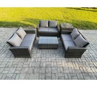 Fimous Dark Grey 6 Seater Outdoor Rattan Garden Furniture Set Patio Love Sofa Rectangular Coffee Table Set with Side Table