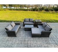 Fimous Dark Grey 7 Seater Outdoor Rattan Garden Furniture Set Patio Love Sofa Rectangular Coffee Table Set with Big Footstool Side Table