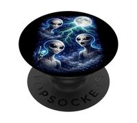 Dark Grey Alien Under the Moon Vintage Fantasy Lightning Art PopSockets Adhesive PopGrip