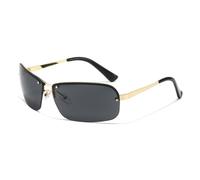 Dark Grey Half Rim Rectangle Sunglasses, Black Browline & Gold Temples | Classic Half-Rim Browline Design, Black Top Bar with Gold Metal Temples & UV400 Dark Tinted Lenses