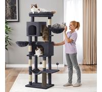 (Dark Grey) Large Cat Tree, 175 cm Tall Cat Tower, Multi-Level Cat Condo with 2 Caves, 2 Baskets, 5 Scratching Posts, Self-Groomer, Perch, Hammock