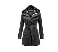 (Dark Grey, M) Hooded Women Check Belted Winter Duffle Coat Long Buttoned Fleece Clothes Jacket