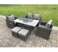 Fimous Dark Grey PE Rattan Garden Furniture Set Love Sofa Reclining Chair Outdoor Rectangular Dining Table Stools 6 Seater