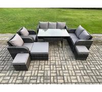 Fimous 10-Seater Dark Grey PE Wicker Rattan Outdoor Dining Sofa Set | Rectangular Table, Reclining Loveseat, 2-Seater Sofa, 3 Footstools