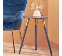 Dark Grey Round Top Wooden Side Table with Natural Wood Legs and Gold Trim | Nos