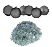 Dark Grey Shatterproof Christmas Baubles 6cm (Pack of 6) with Silver Deluxe 1.8m Christmas Tinsel - Elegant Holiday Tree Decoration Set