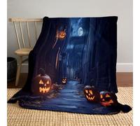 Dark Illustration Scary Pumpkin Path Blanket - 130 x 150cm Soft Dark blue Flannel Throw - Throw Blanket for Halloween Valentine's Day Gift Boys Girls Adults Bed, Couch, Couch Nap, Living Room Decor