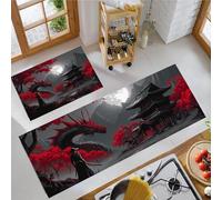 Dark Japanese Landscape Kitchen Mat Sets Non Slip Washable, 2 Pcs Kitchen Rugs And Mats, Samurai Dragon Temple Anti Fatigue Rug Floor Sets For Office Standing Desk, Black And Red, 50X80Cm+50X150Cm