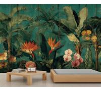 Dark Jungle Tropical Banana Leaves Mural Wallpaper Vintage Strelitzia Reginae Wallpapers Bird of Paradise Flower Orchid Boys Wallpaper for Kids Bedroom Living Room Mural Poster 232X158cm