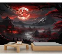 Dark Landscape Wallpapers Red Moon Sky Wallpaper Murals for Walls Traditional Oriental Architecture Girls Wallpaper Tree Mountain River Living Room Wall Paper for Bedroom Art 400X280cm