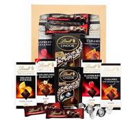 Dark Lindt Chocolates Hamper for Birthday Gifts - Irresistible Smooth 4 x 100g Caramel, Orange, Raspberry & Hazelnut Flavour Chocolate Bars, Truffles 200g & 2x35g Hazelnut Bars. Chocolate Hamper