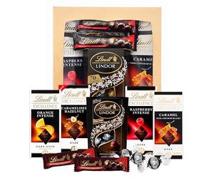 Dark Lindt Chocolates Hamper for Birthday Gifts - Irresistible Smooth 4 x 100g Caramel, Orange, Raspberry & Hazelnut Flavour Chocolate Bars, Truffles 200g & 2x35g Hazelnut Bars. Chocolate Hamper
