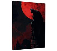 Dark Moonlit Cat Canvas Wall Art, Red Black Feline Silhouette Poster Prints, Gothic Wall Art Home Aesthetic Decor For Living Room, Bedroom, Halloween, Wrapped Canvas 8x12 Inch