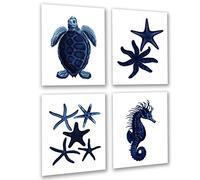 Dark Navy Blue Beach Wall Decor Set of 4 Unframed Seahorse Starfish Beach Bathroom Art Prints