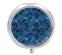 Dark Navy Blue Japanese Fish Scales Ocean Waves Iron Pill Box Case Organizer with Internal Separate Plastic Dividers, Travel Small Medicine Bag Holder Carrier Round Container