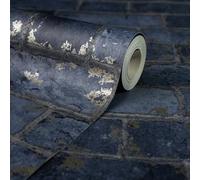 Dark Navy Blue Metallic Brick Stone Rustic 3D Wallpaper Roll