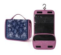 Dark Navy Grey Square Style Flower Pattern Travel Toiletry Bag for Women,Hanging Makeup Organizer with Hook for Shampoo