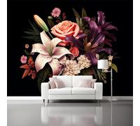 Dark Non-Woven Wall Murals - Simplicity Flowers Peonies Hydrangeas Wallpaper for Living Room Tv Backdrop Kids Room Decor, Easy to Install, 400 x 280 cm (W x H)