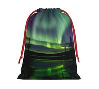 Dark Northern Lights Print Christmas Drawstring Gift Bags, Xmas Holiday Fabric Gift Wrapping Bag For Party, Size-L