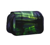 Dark Northern Lights Print Double Clamshell Pen Case, Zipper Pockets, Large Capacity For Art Supplies & Travel