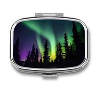 Dark Northern Lights Print pilldispenser with Mirror 2 Compartments Waterproof PillCase for Purse Pocket Non-Slip Grip Travel Medicine Organizer Container Box for Vitamin Fish Oil Supplement