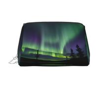 Dark Northern Lights Print Premium Leather Toiletry Travel Pouch with Waterproof Portable Pouch Open Flat Makeup Bag