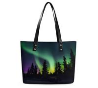 Dark Northern Lights Print Tote Bag Large Soft Leather Purse with Zipper Lightweight Ladies Shoulder Handbag