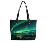 Dark Northern Lights Tote Bag Large Soft Leather Purse with Zipper Lightweight Ladies Shoulder Handbag