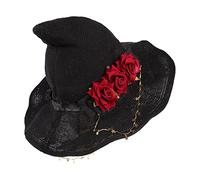 Dark Novel Gothic Black Knitted Witch Hat with Rose Flower Star Chain for Women Girls Wide Brim Pointed Modern Wizard Cap Halloween Costume Easter Fancy Dress Christmas Party Cosplay Accessory