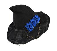 Dark Novel Gothic Black Knitted Witch Hat with Rose Flower Star Chain for Women Girls Wide Brim Pointed Modern Wizard Cap Halloween Costume Easter Fancy Dress Christmas Party Cosplay Accessory
