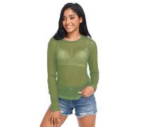 Dark Olive Green Mesh Sleeve, See Through Mesh Top, Dark Olive Green, M