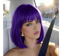 Dark Purple Bob Wigs with Bangs (Can Be Trimmed) Straight Short Wigs for Women Synthetic Wig for Cosplay Women Funny Wig for Party Halloween Daily Anime Costume Events (Dark Purple)