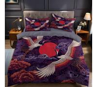 Dark Purple Duvet Cover Sets Emperor Size Japanese flying red-crowned crane Printed Bedding Set 3 Pcs Microfiber Soft Quilt Cover 290x235 cm & 2 Pillowcases 50x75 cm with Zipper Closure